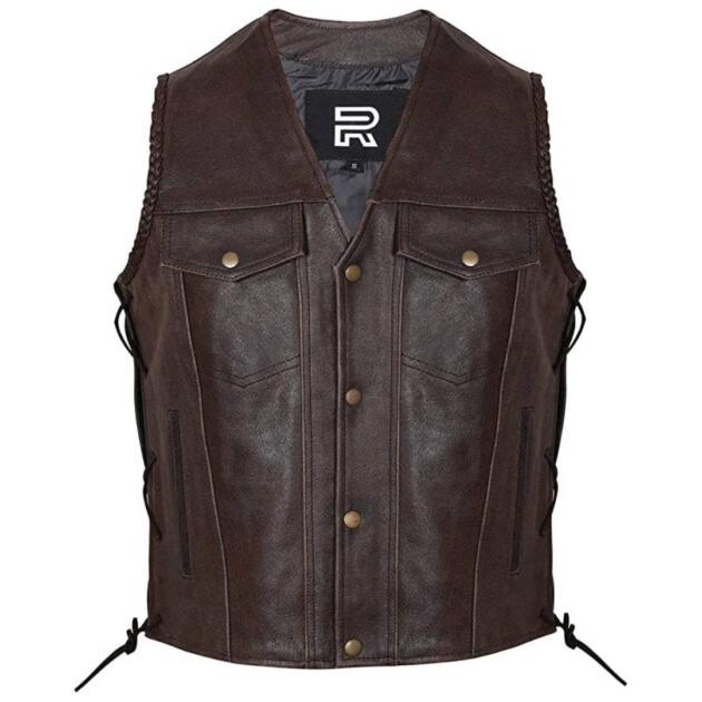 RAXUS Cuero Bovino MOTO CHALECO Con Cordones Laterales N-400