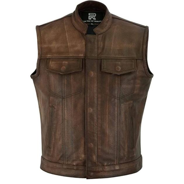 Raxus Hombre MOTO Cuero CHALECO Marrón K-30