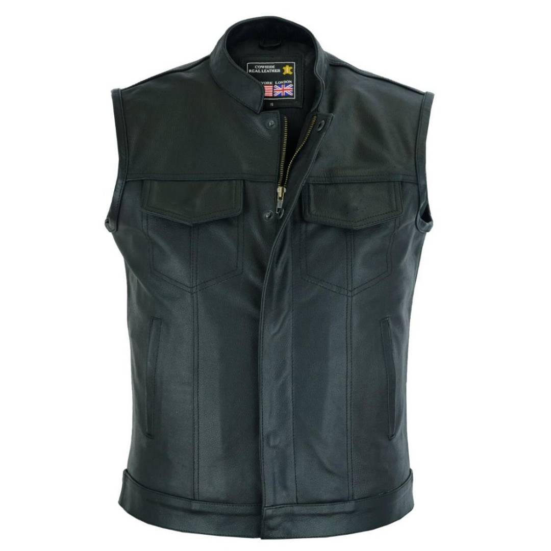 RAXUS MOTORCYCLE VEST WITH LEATHER MAO COLLAR K-10