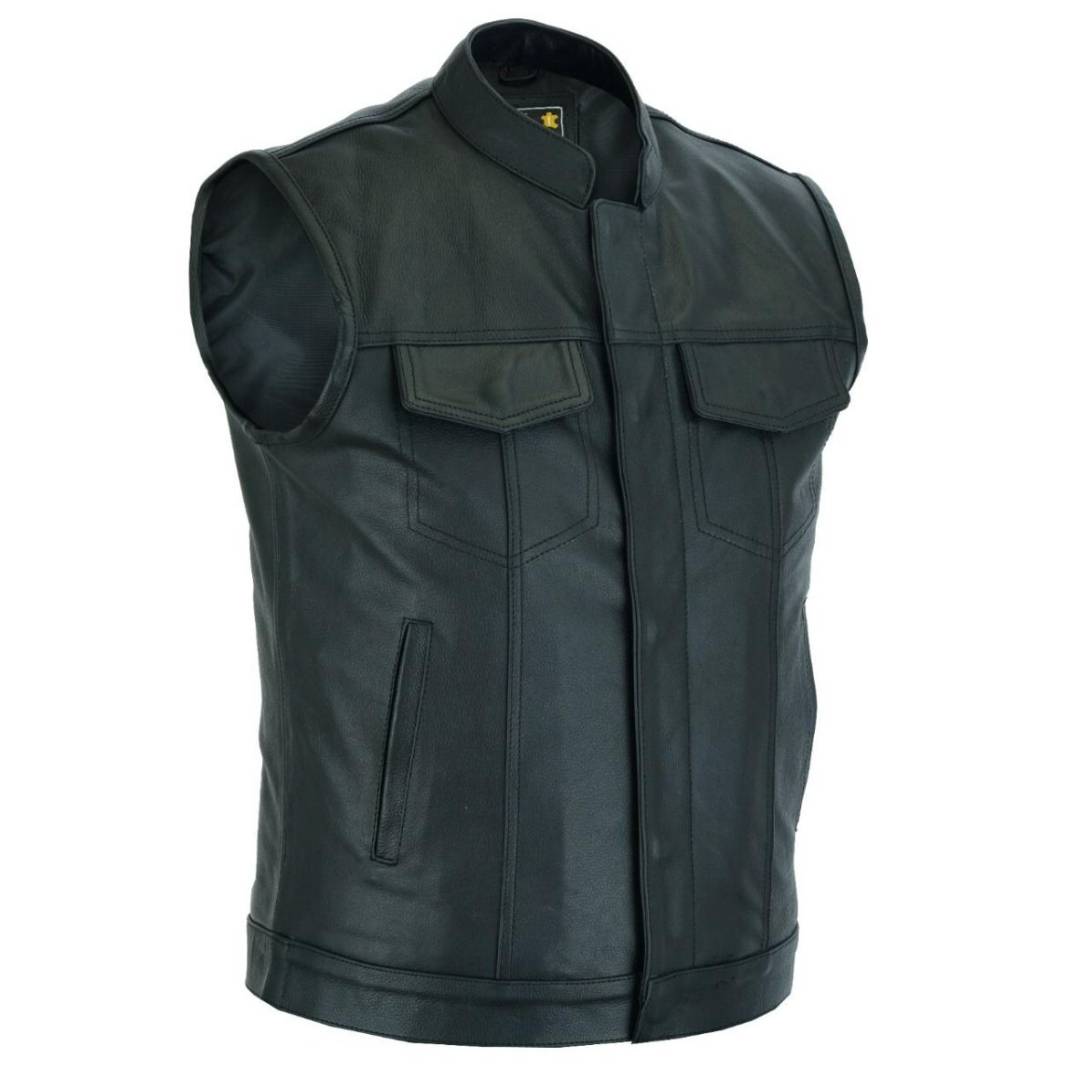 RAXUS MOTORCYCLE VEST WITH LEATHER MAO COLLAR K-10