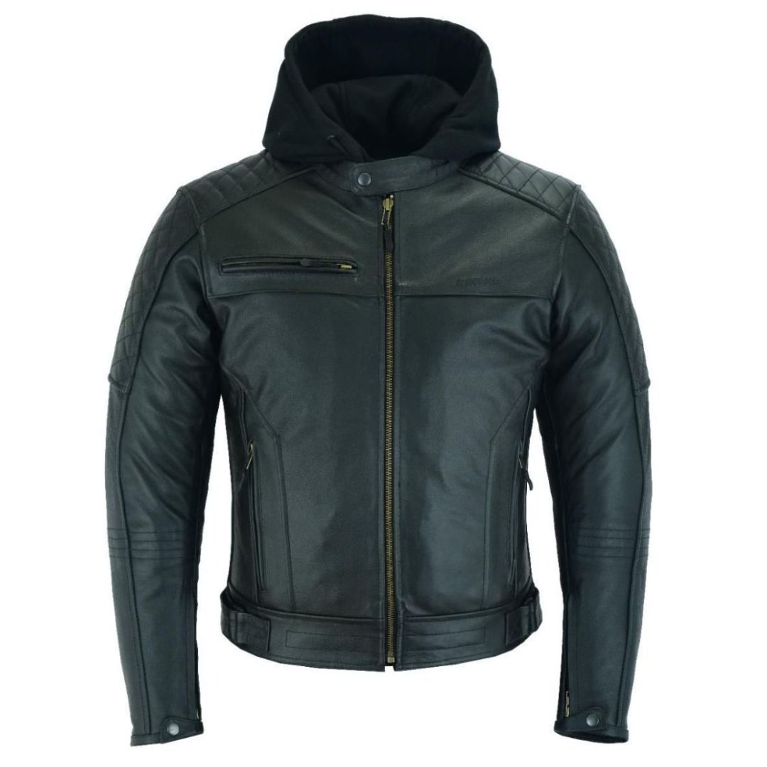 Raxus Leather Motorcycle Jacket with Removable Hood for Men