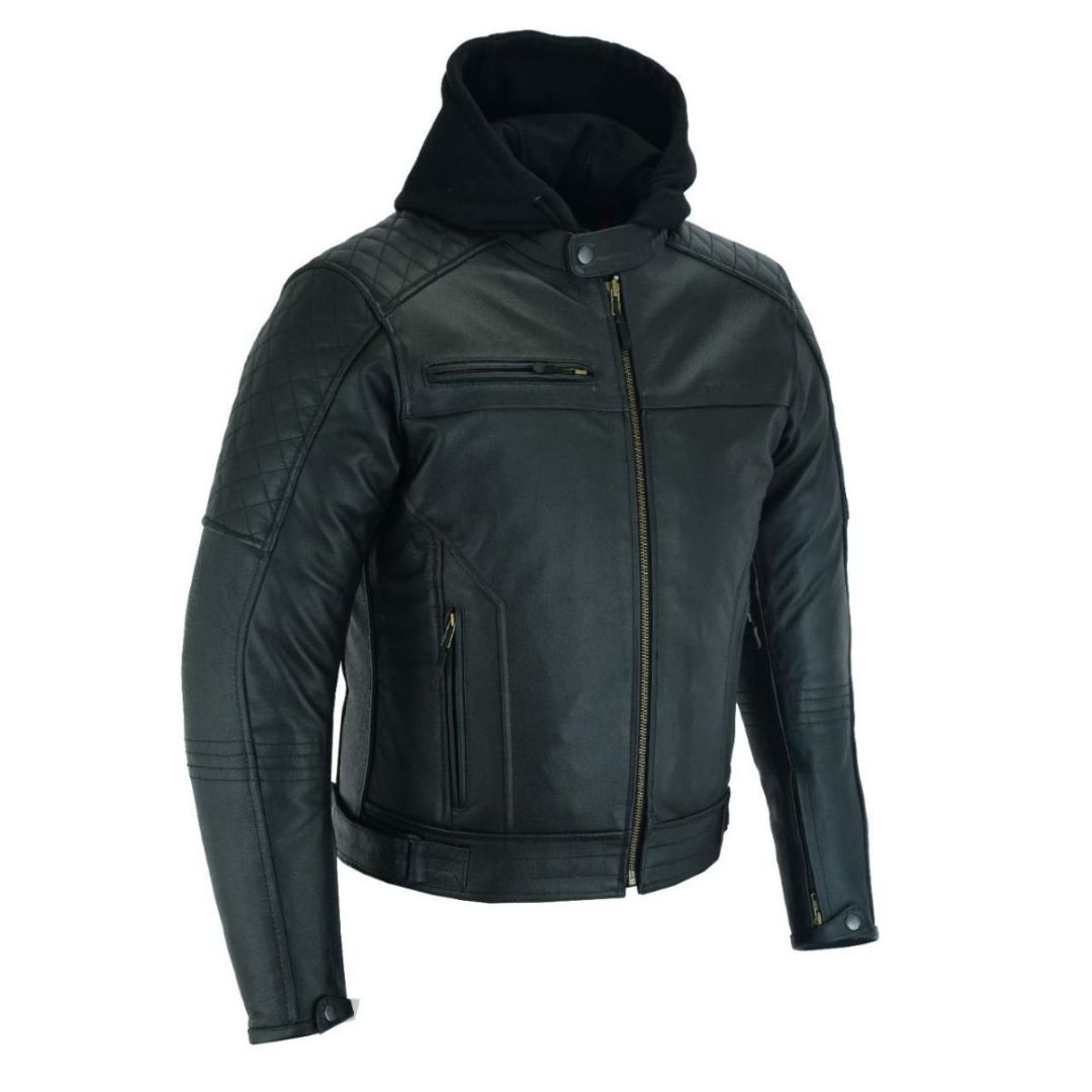 Raxus Leather Motorcycle Jacket with Removable Hood for Men - Image 2