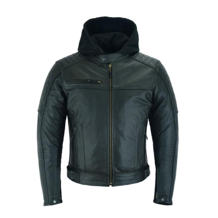 Raxus leather motorcycle jacket with removable hood for men