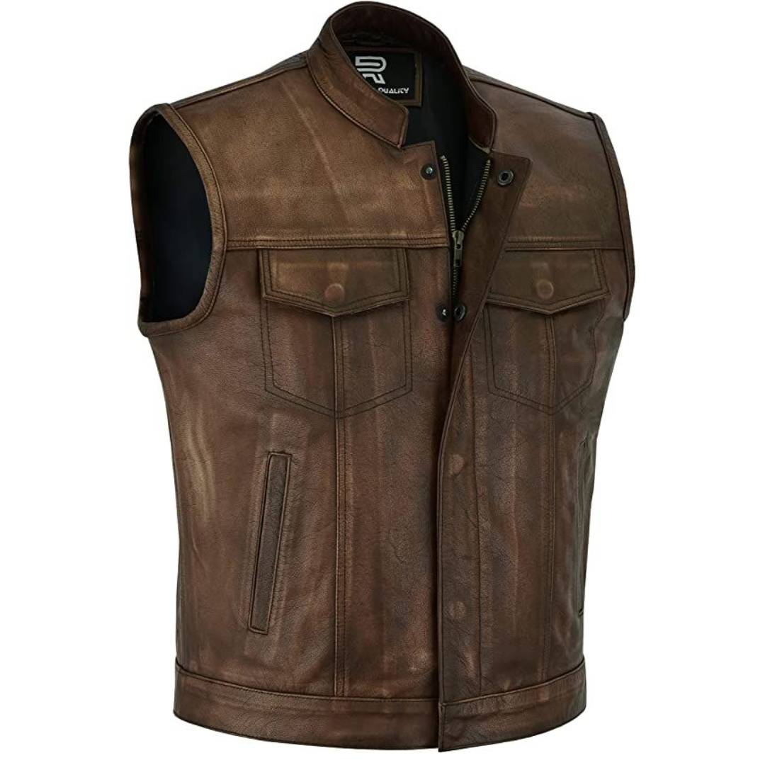 Raxus Man Motorcycle Leather Vest Brown K-30