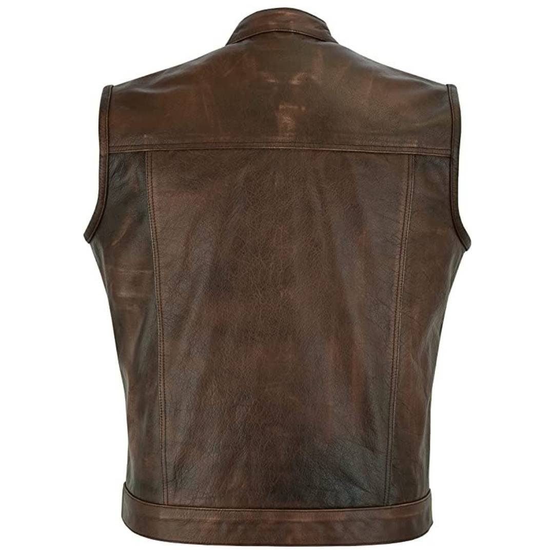 RAXUS HOMBRE MOTO CHALECO DE CUERO MARRÓN K-30 - Image 2