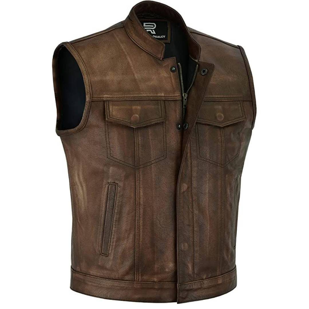 RAXUS HOMBRE MOTO CHALECO DE CUERO MARRÓN K-30 - Image 3