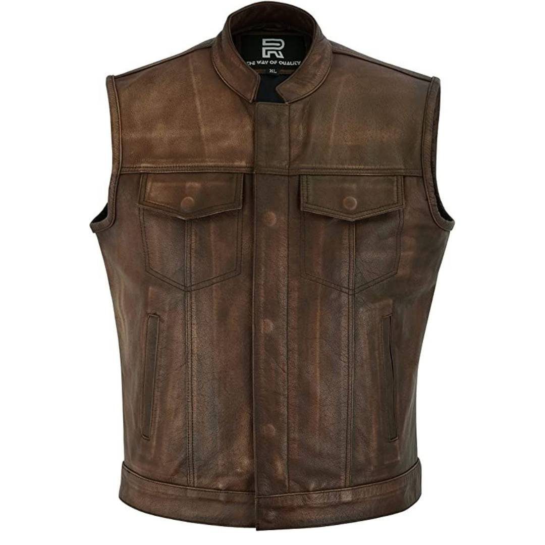 RAXUS HOMBRE MOTO CHALECO DE CUERO MARRÓN K-30